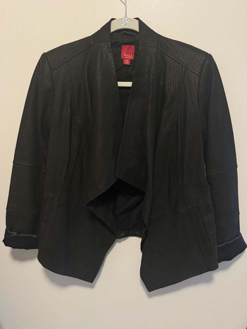 G.I.L.I. Get It Love It Black Embossed Leather Drape Front Jacket